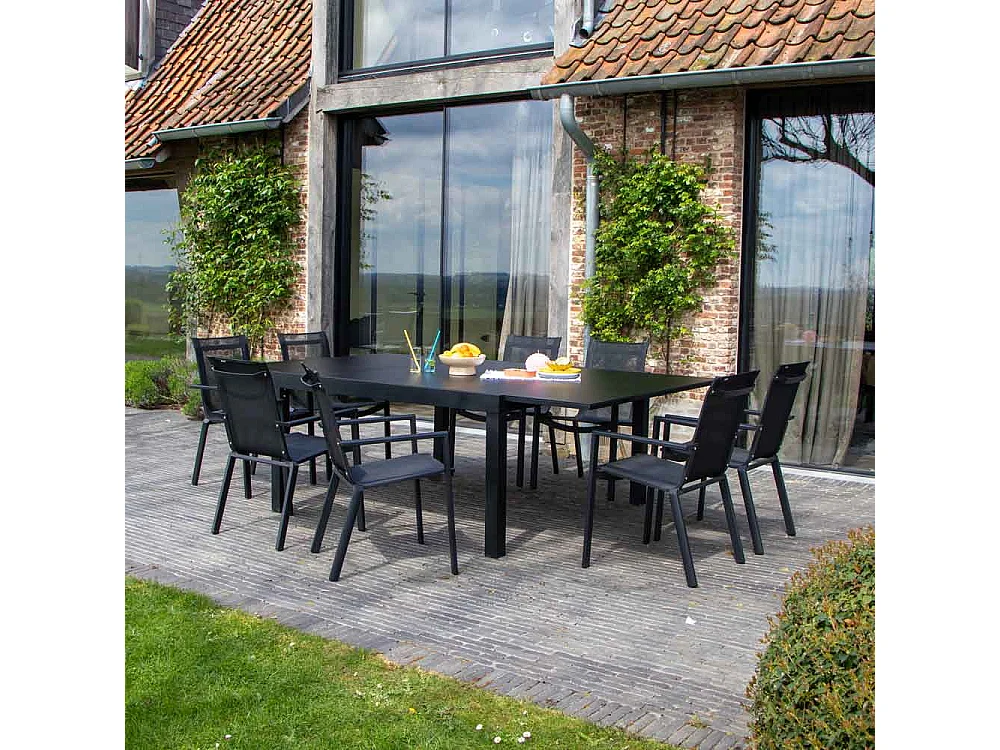 Ensemble BLACKSTAR 8/12p en aluminium noir et verre noir avec 8 fauteuils en textilène