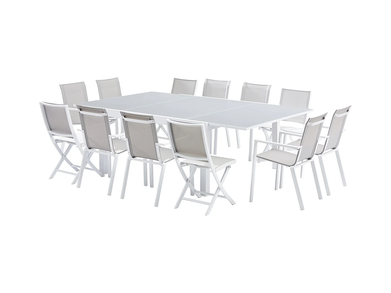 Ensemble WHITESTAR 8/12p en aluminium blanc et verre blanc avec 8 fauteuils et 4 chaises pliantes en aluminium et textilène