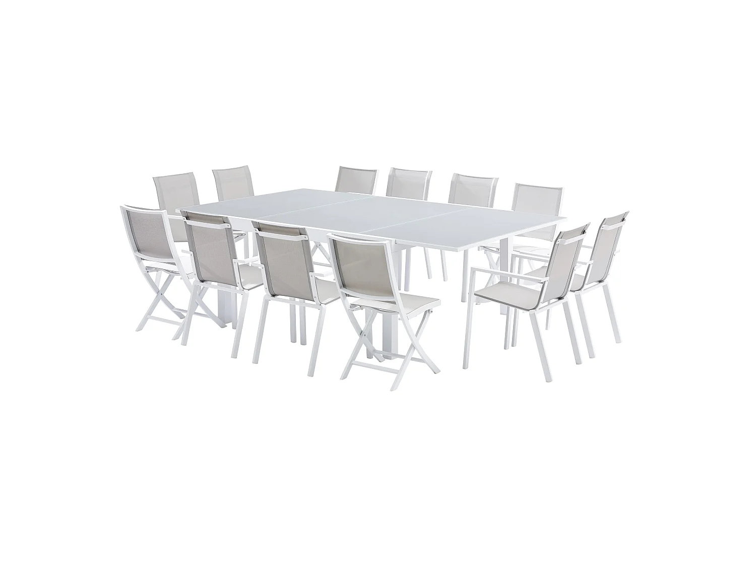 Ensemble WHITESTAR 8/12p en aluminium blanc et verre blanc avec 8 fauteuils et 4 chaises pliantes en aluminium et textilène