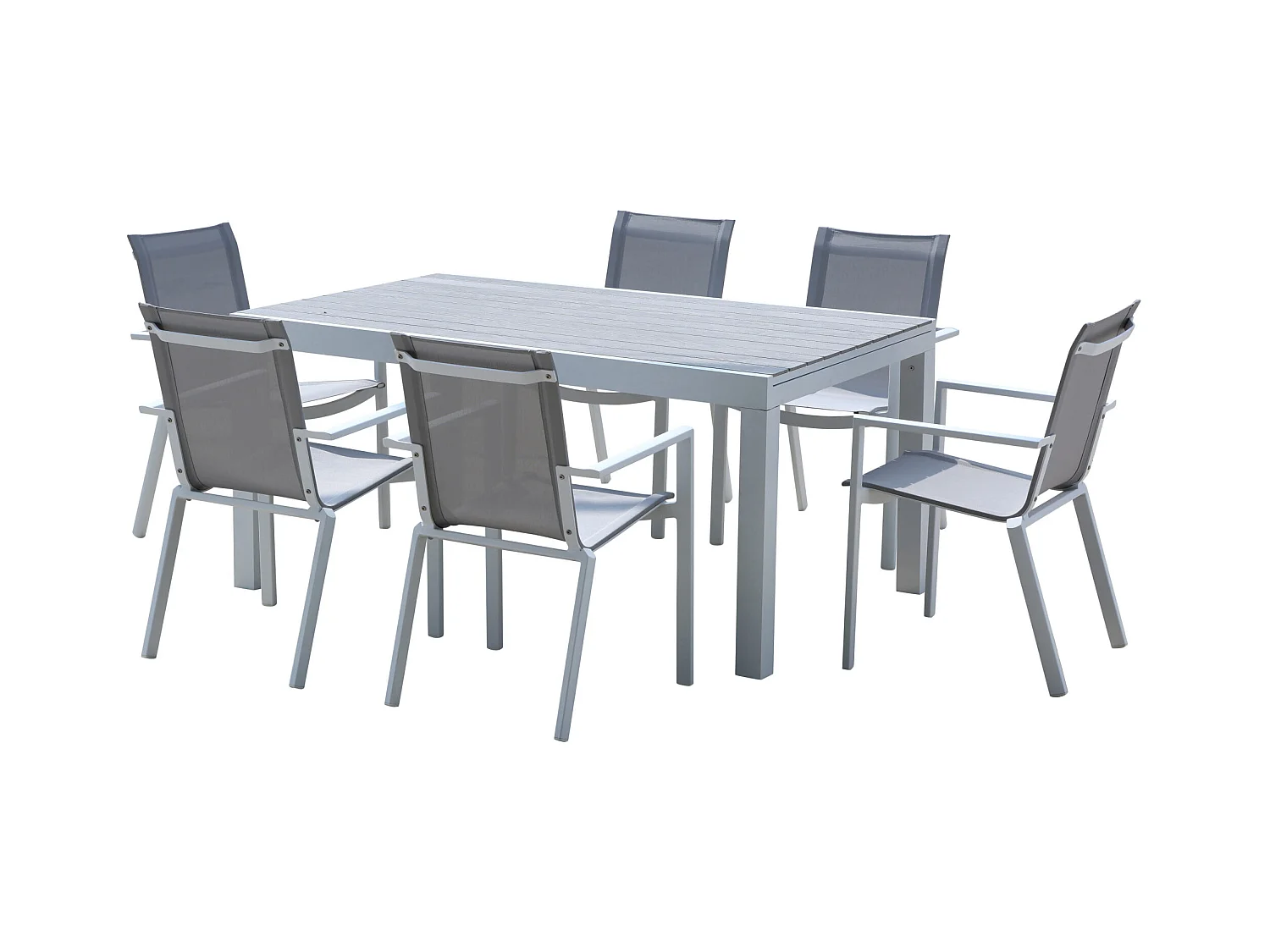 Ensemble TULUM 6/10p en aluminium blanc et plateau en aluminium décors bois avec 6 fauteuils en textilène