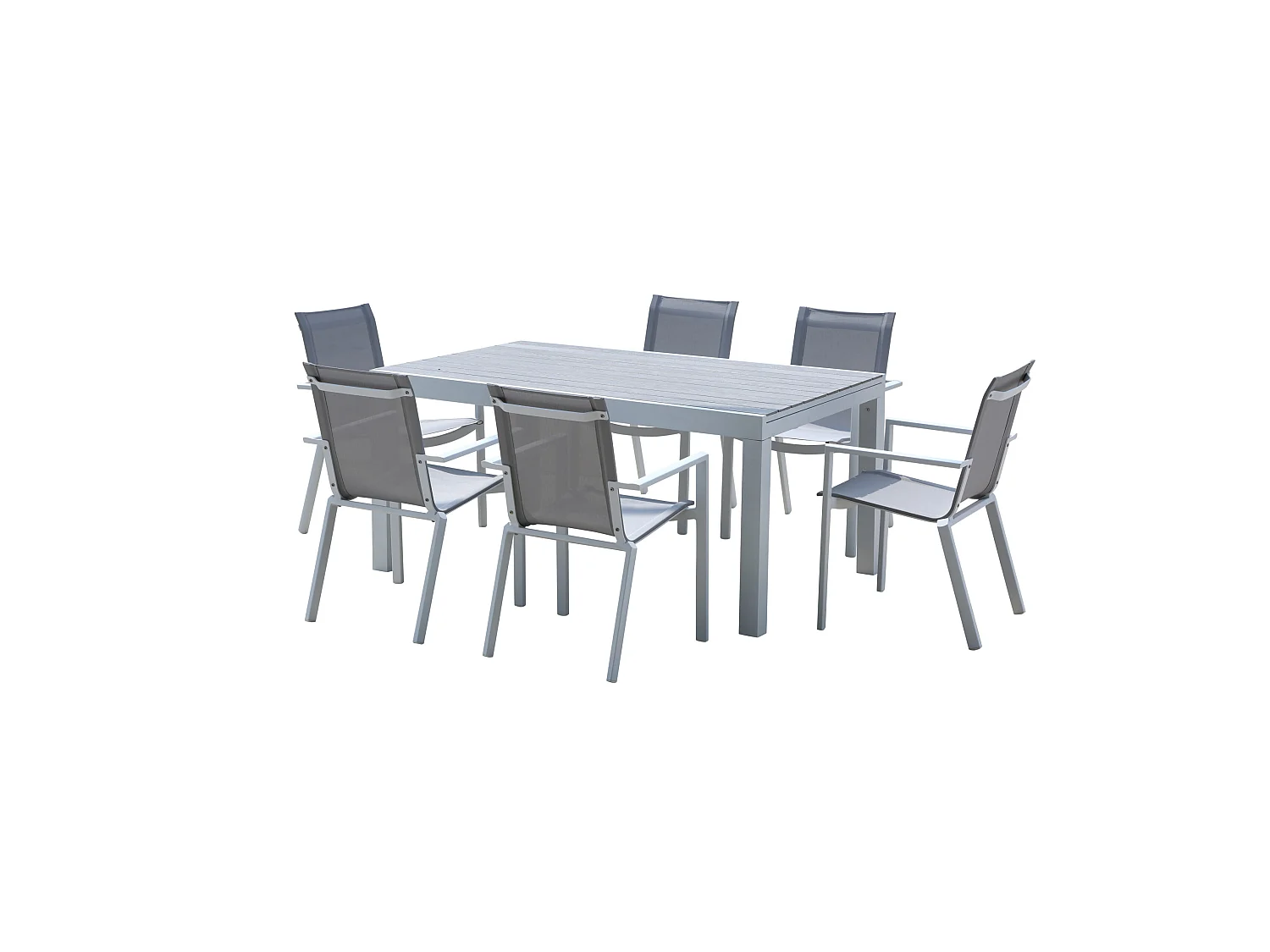 Ensemble TULUM 6/10p en aluminium blanc et plateau en aluminium décors bois avec 6 fauteuils en textilène