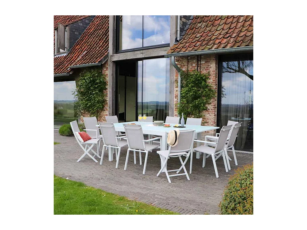 Ensemble WHITESTAR 8/12p en aluminium blanc et verre blanc avec 8 fauteuils en textilène
