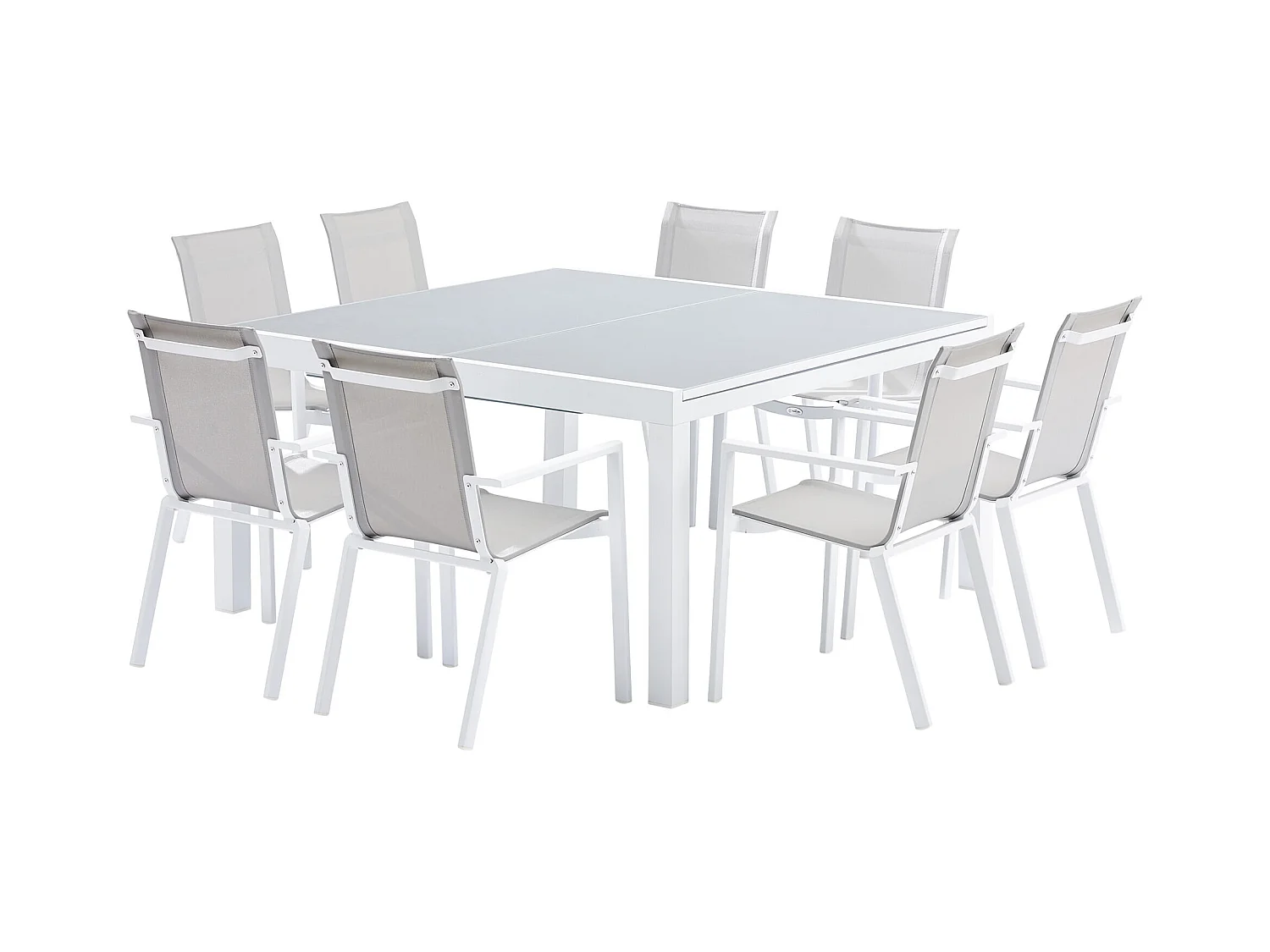 Ensemble WHITESTAR 8/12p en aluminium blanc et verre blanc avec 8 fauteuils en textilène