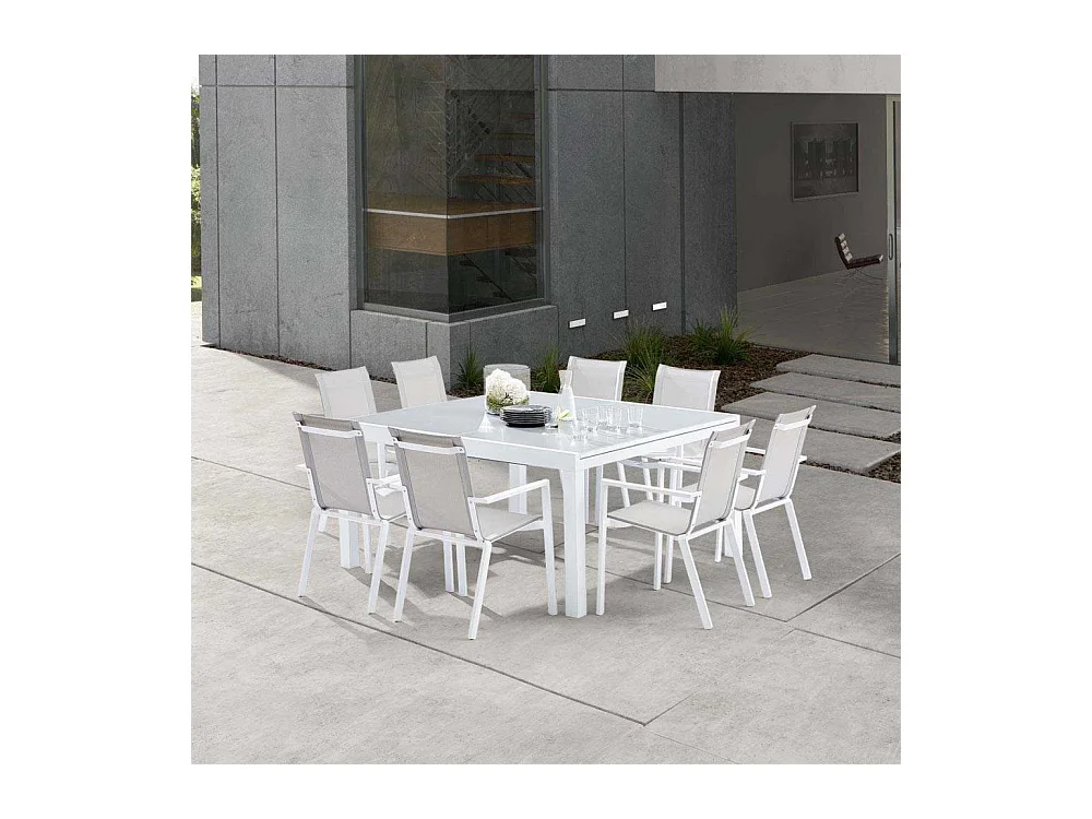 Ensemble WHITESTAR 8/12p en aluminium blanc et verre blanc avec 8 fauteuils en textilène