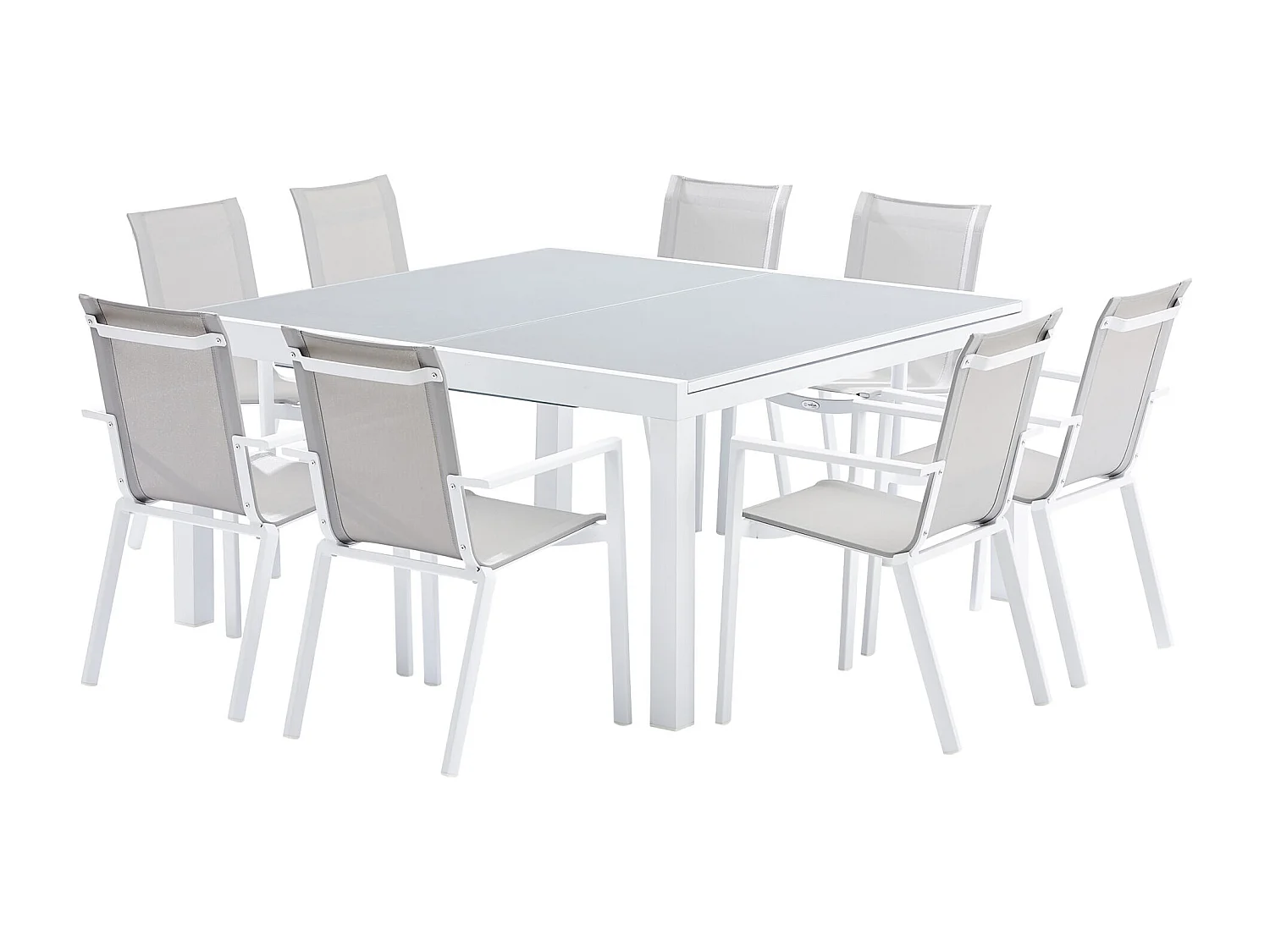 Ensemble WHITESTAR 8/12p en aluminium blanc et verre blanc avec 8 fauteuils en textilène