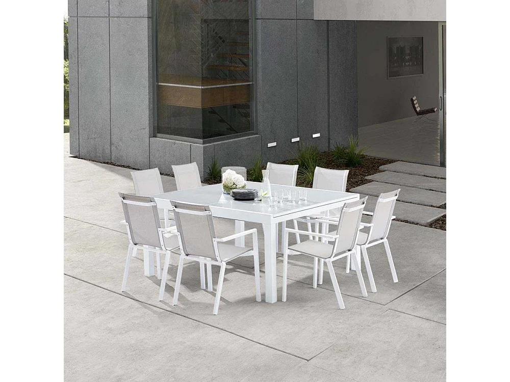 Ensemble WHITESTAR 8/12p en aluminium blanc et verre blanc avec 8 fauteuils en textilène
