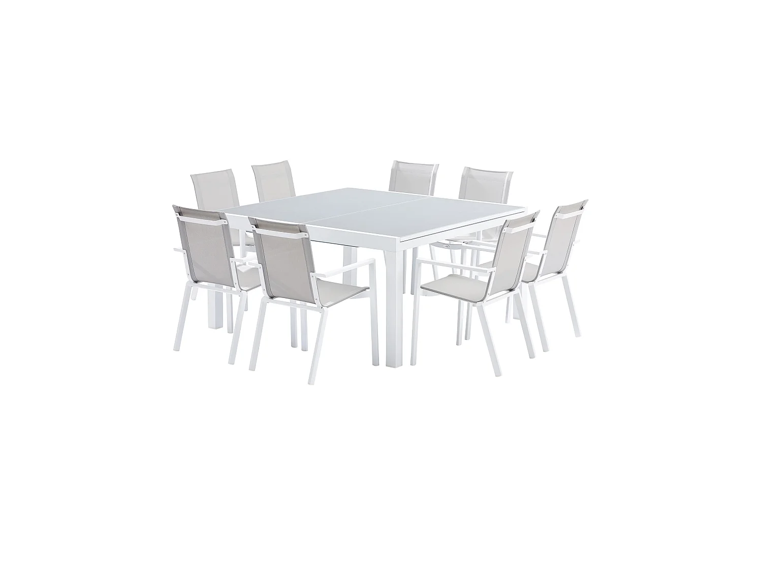 Ensemble WHITESTAR 8/12p en aluminium blanc et verre blanc avec 8 fauteuils en textilène
