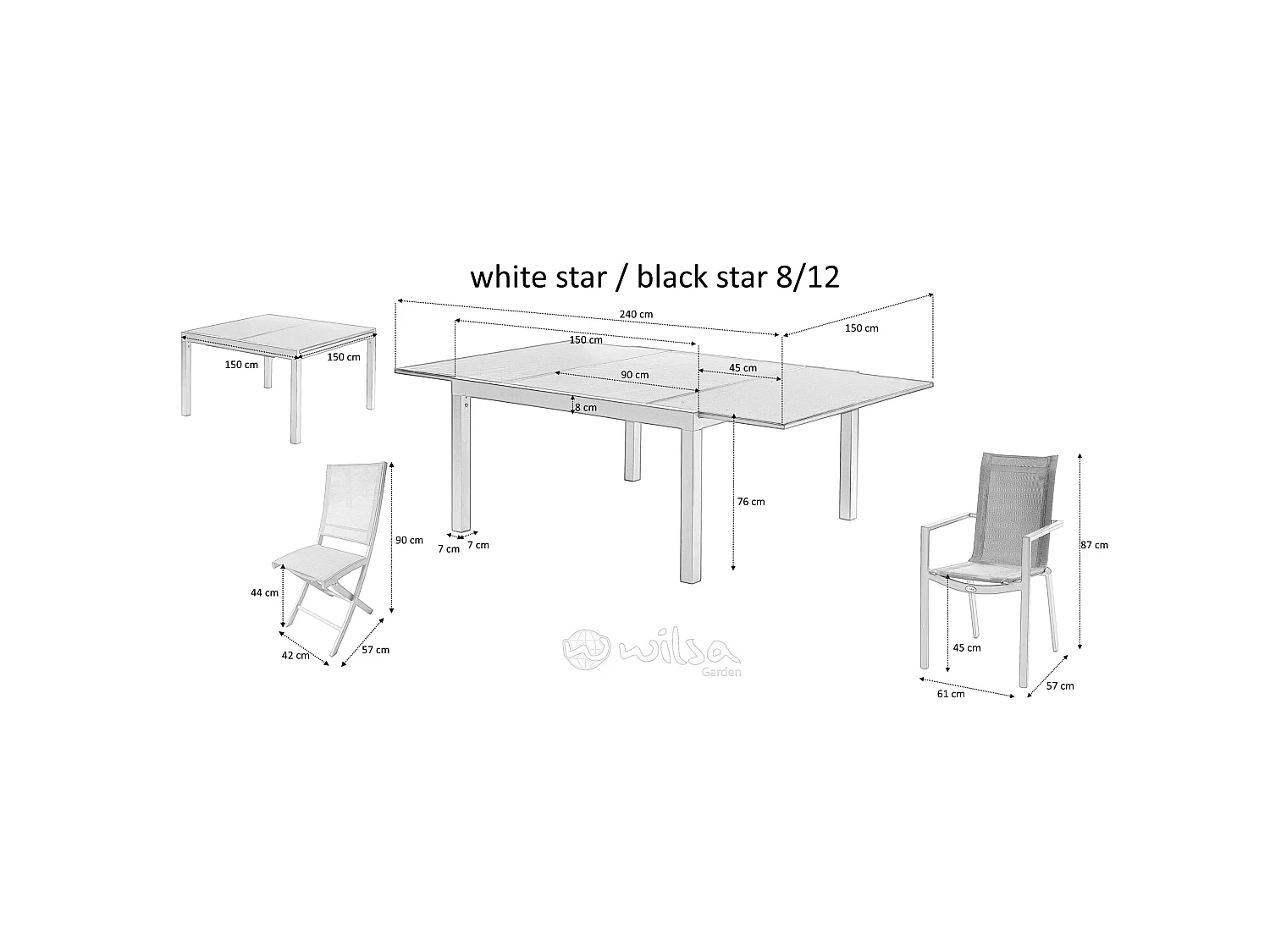 Ensemble WHITESTAR 8/12p en aluminium blanc et verre blanc avec 8 fauteuils en textilène