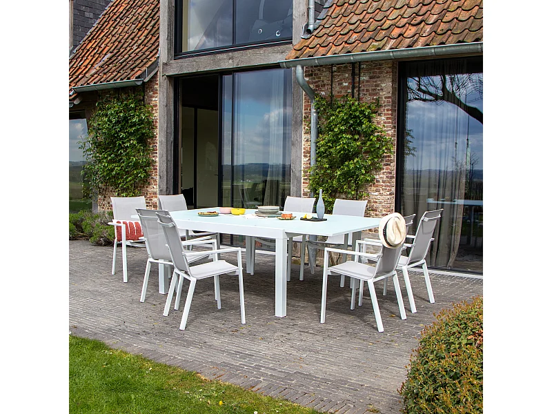 Ensemble WHITESTAR 8/12p en aluminium blanc et verre blanc avec 8 fauteuils en textilène
