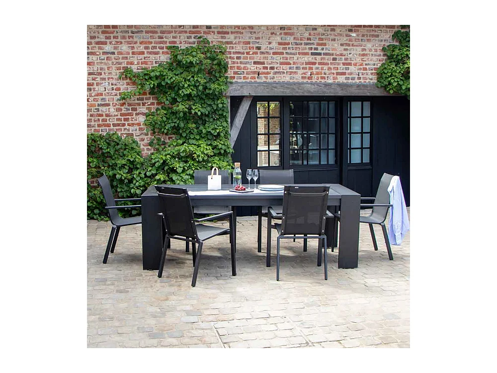 Ensemble IBIZA 6/8p en aluminium gris/noir et 6 fauteuils en textilène