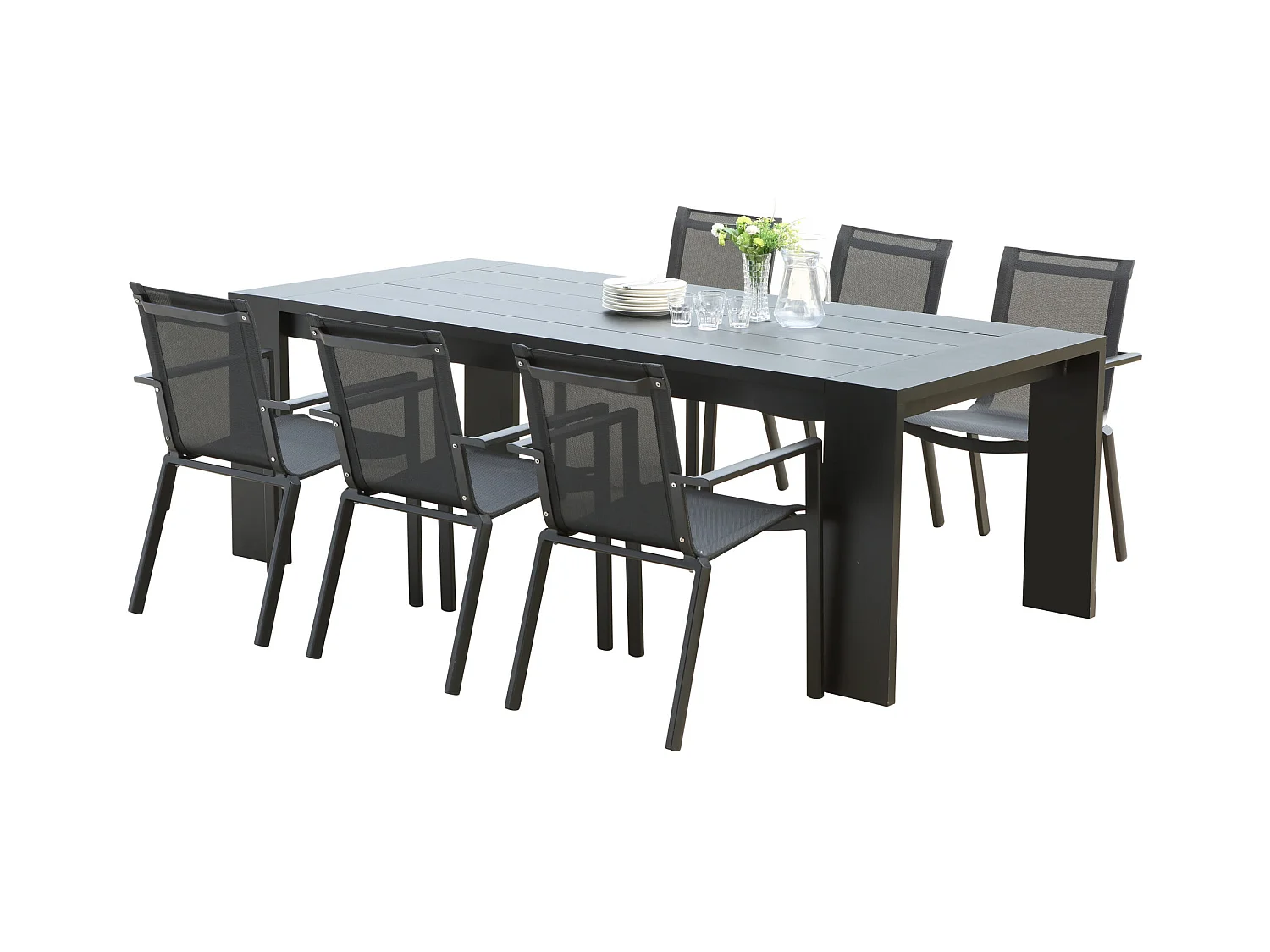 Ensemble IBIZA 6/8p en aluminium gris/noir et 6 fauteuils en textilène