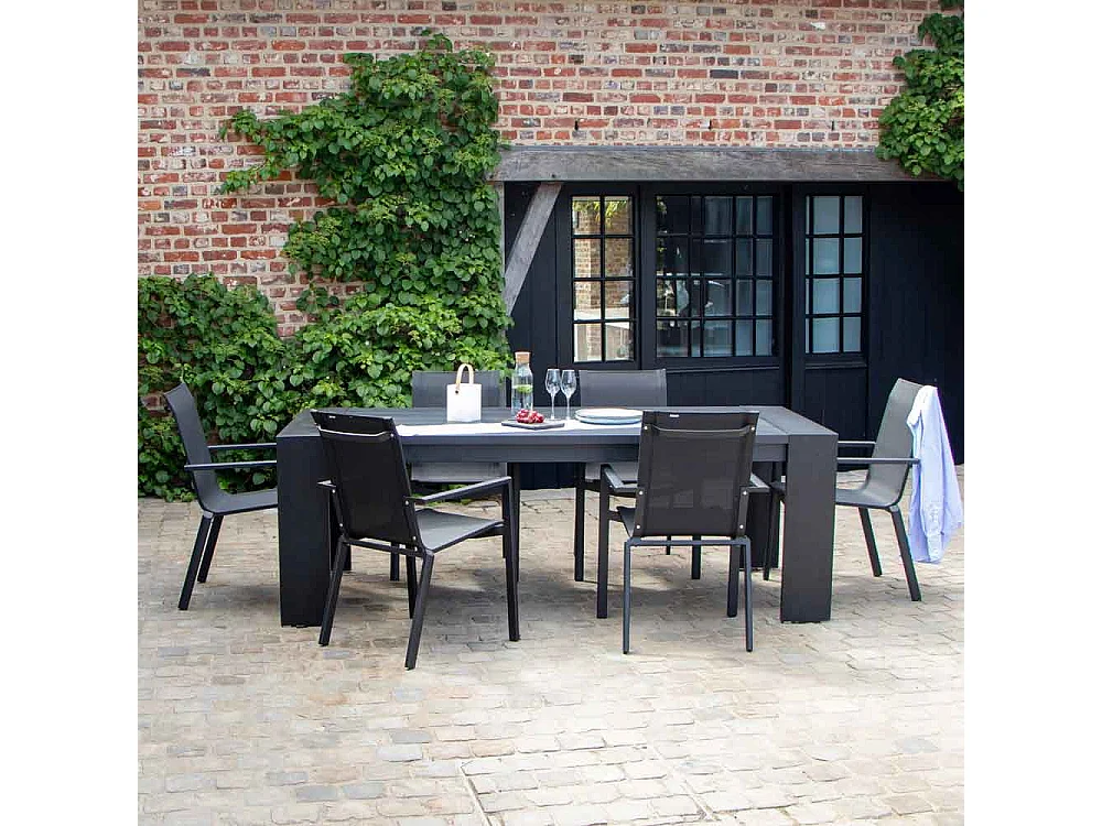 Ensemble IBIZA 6/8p en aluminium gris/noir et 6 fauteuils en textilène
