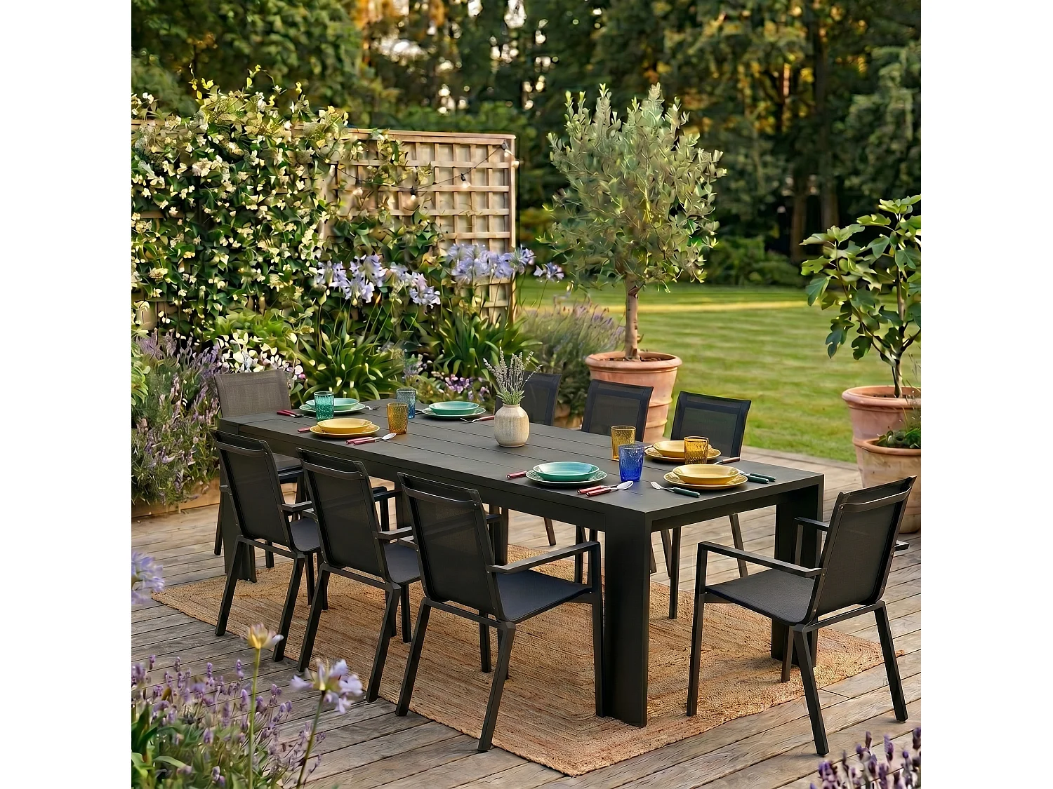 Ensemble IBIZA 6/8p en aluminium gris/noir et 8 fauteuils en textilène