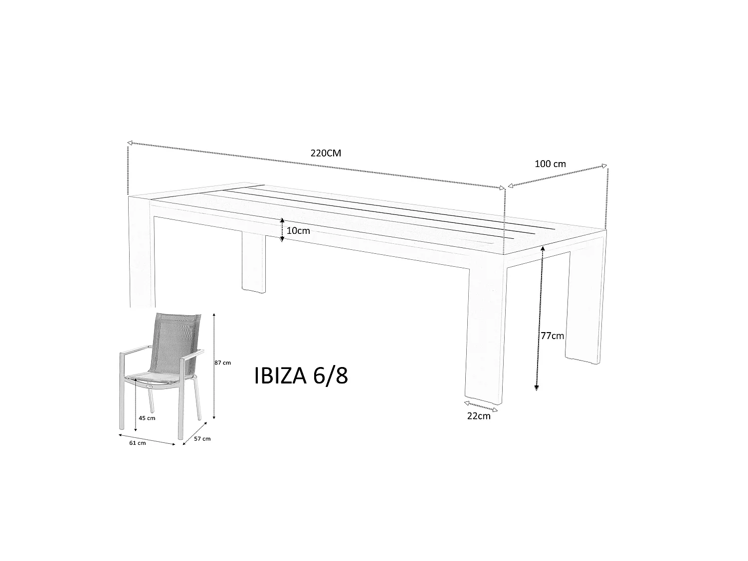 Ensemble IBIZA 6/8p en aluminium gris/noir et 8 fauteuils en textilène