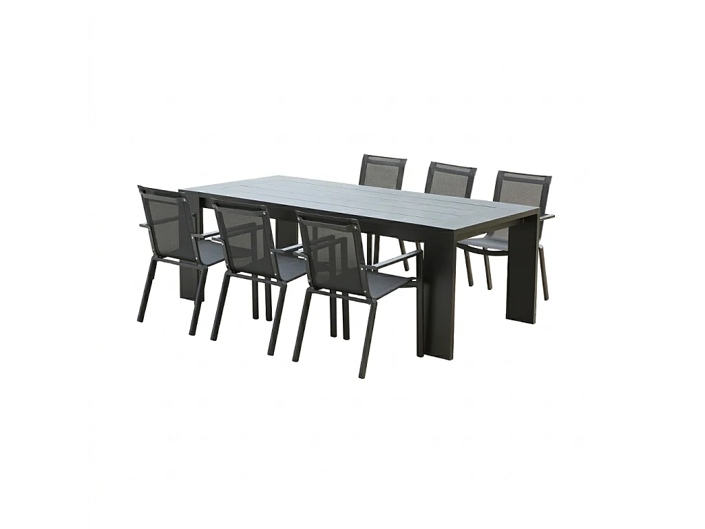 Ensemble IBIZA 6/8p en aluminium gris/noir et 8 fauteuils en textilène
