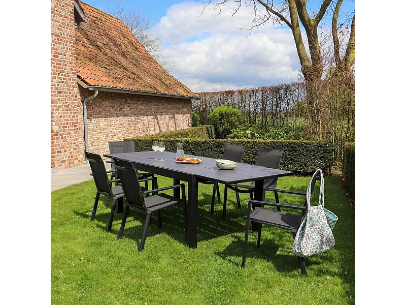 Ensemble HPL 6/10p en aluminium noir et plateau en HPL gris avec 6 fauteuils en textilène