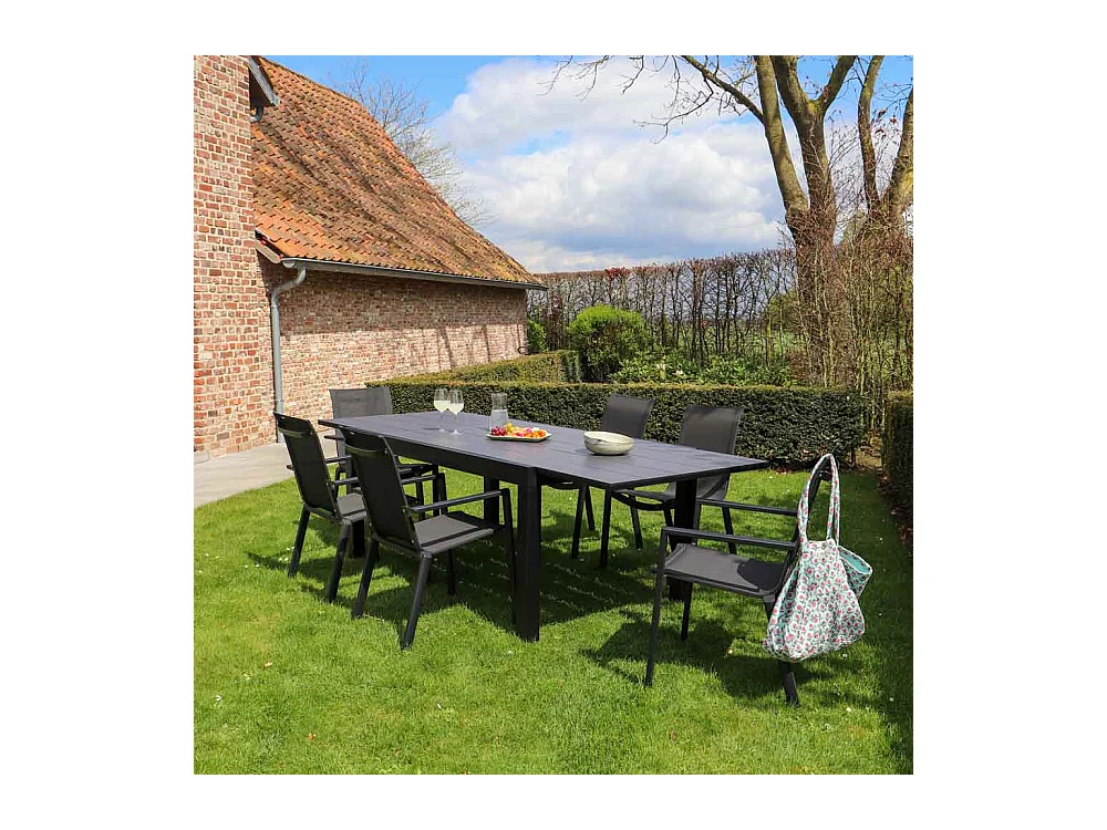 Ensemble HPL 6/10p en aluminium noir et plateau en HPL gris avec 6 fauteuils en textilène