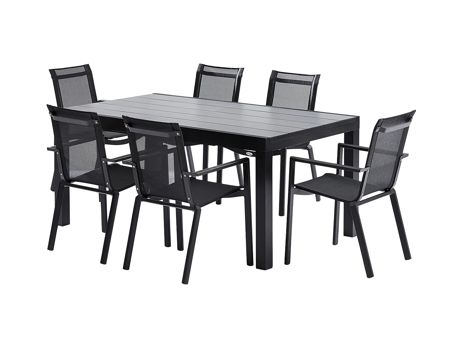 Ensemble HPL 6/10p en aluminium noir et plateau en HPL gris avec 6 fauteuils en textilène