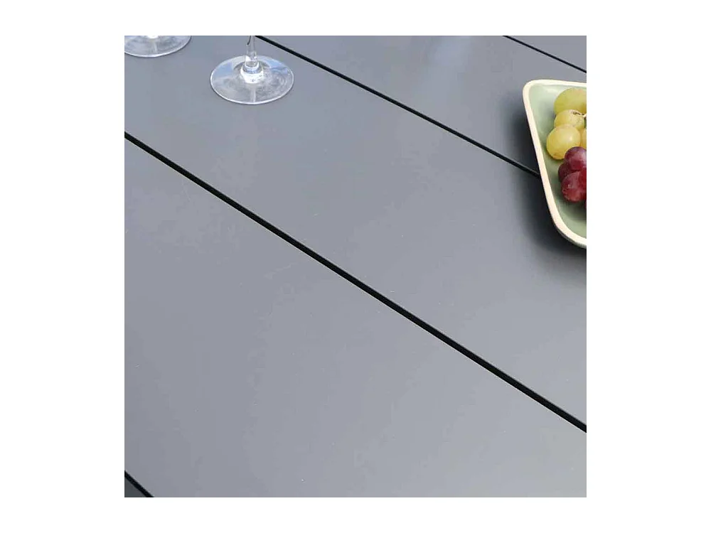 Ensemble HPL 6/10p en aluminium noir et plateau en HPL gris avec 6 fauteuils en textilène