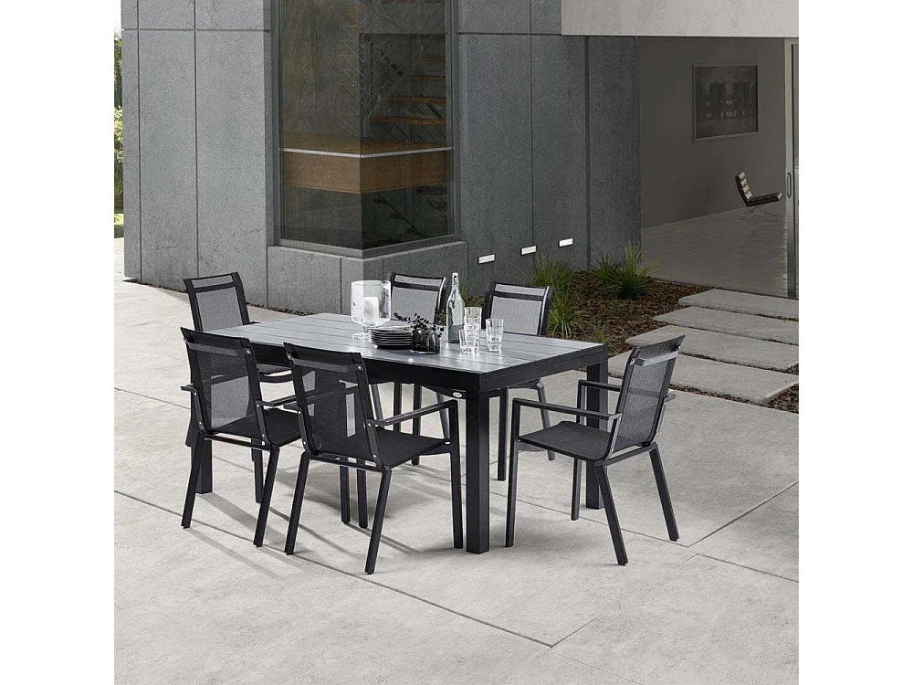 Ensemble HPL 6/10p en aluminium noir et plateau en HPL gris avec 6 fauteuils en textilène