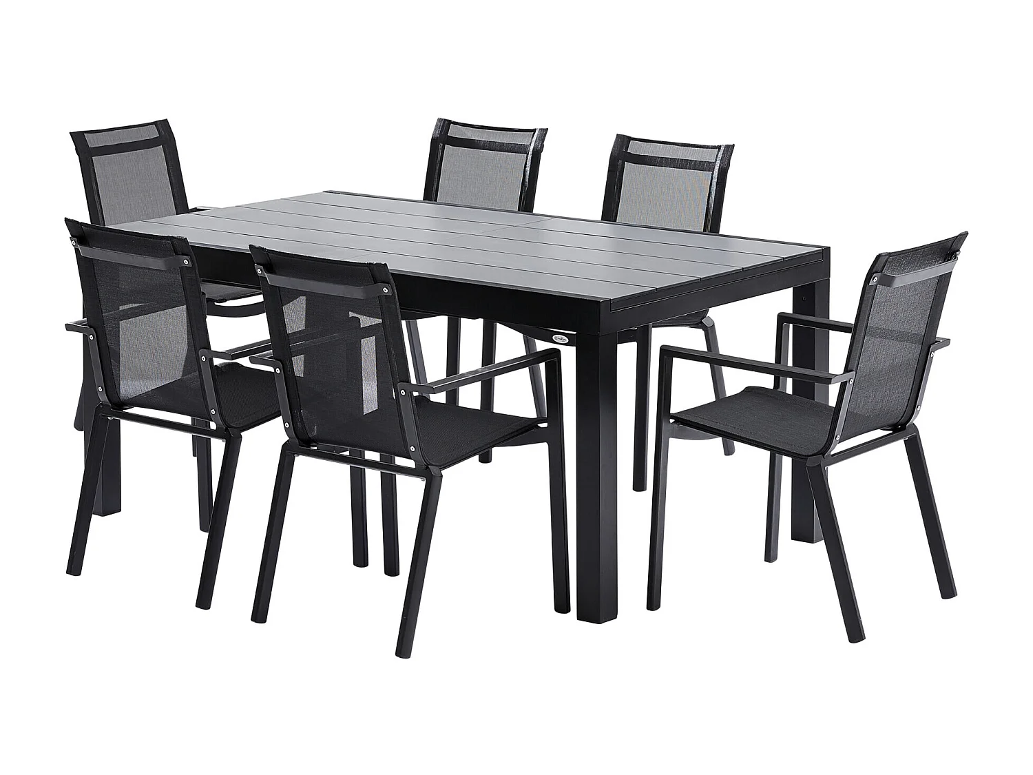 Ensemble HPL 6/10p en aluminium noir et plateau en HPL gris avec 6 fauteuils en textilène