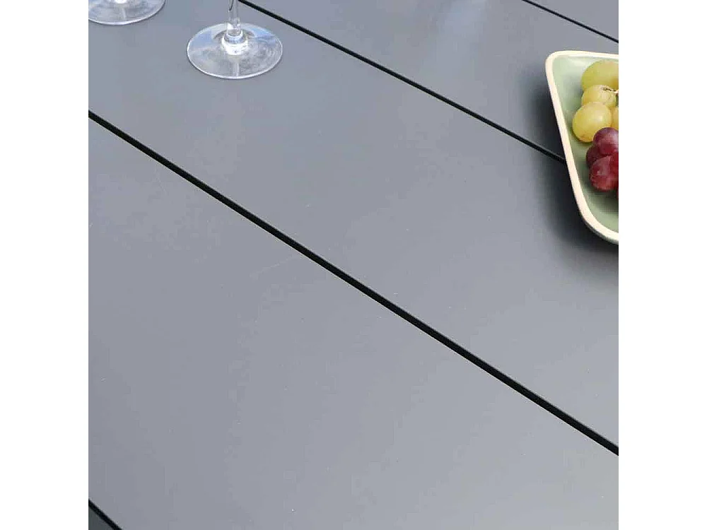 Ensemble HPL 6/10p en aluminium noir et plateau en HPL gris avec 6 fauteuils en textilène