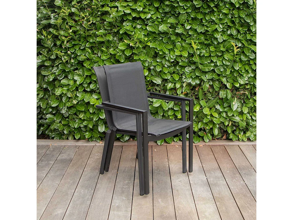 Ensemble HPL 6/10p en aluminium noir et plateau en HPL gris avec 6 fauteuils en textilène