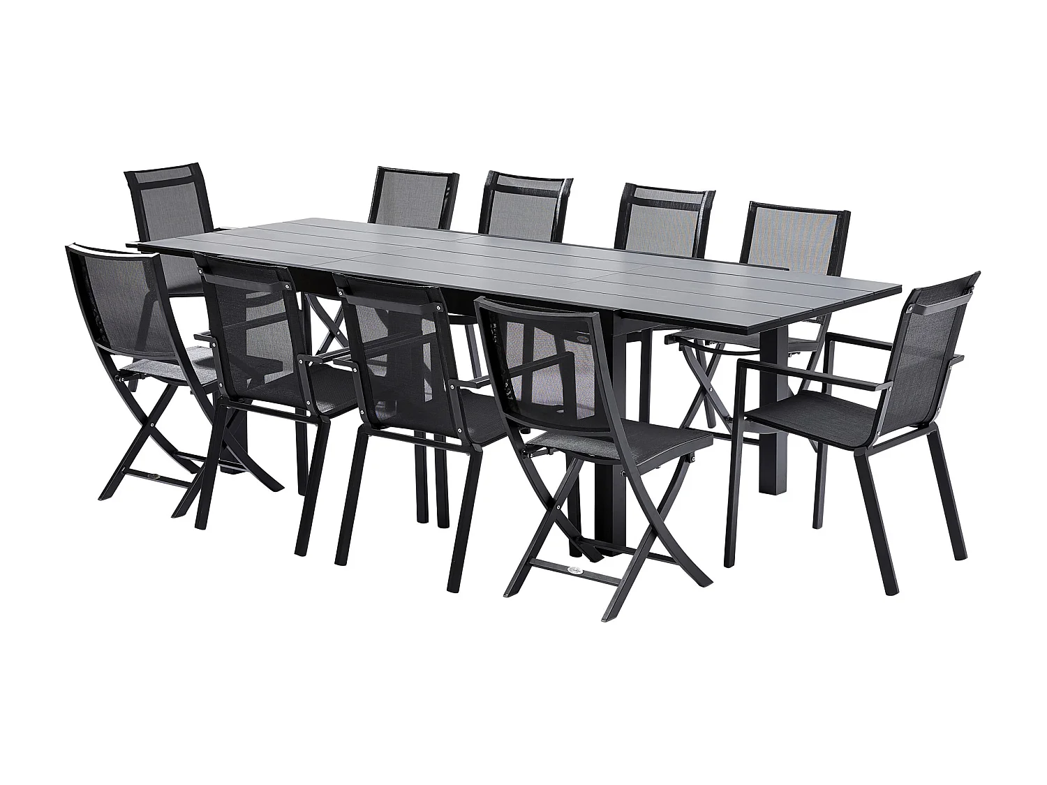 Ensemble HPL 6/10p en aluminium noir et plateau en HPL gris avec 6 fauteuils et 4 chaises pliantes en aluminium et textilène