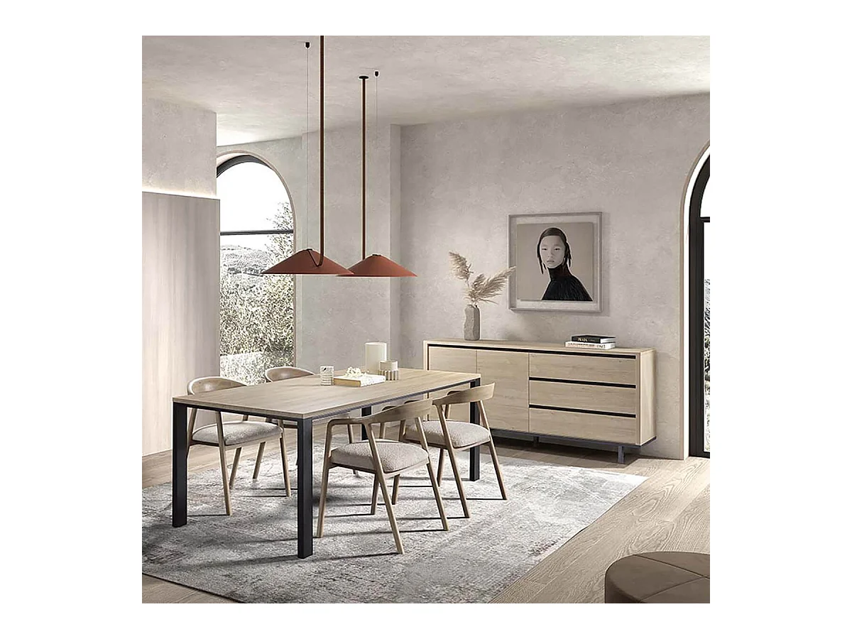 Table repas 230cm plateau aspect bois finition Urban Oak pieds métal noir - BRIDGE