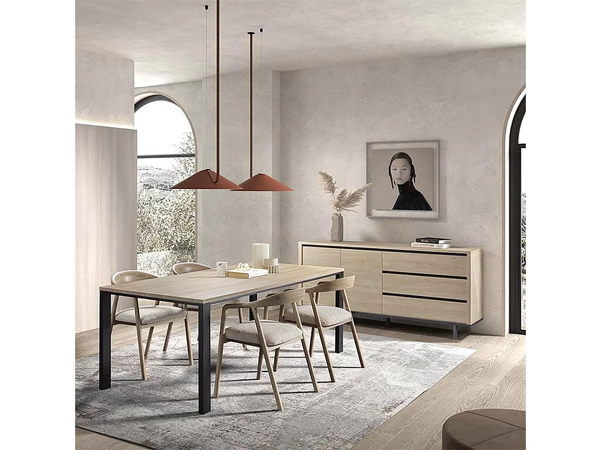 Table repas 230cm plateau aspect bois finition Urban Oak pieds métal noir - BRIDGE