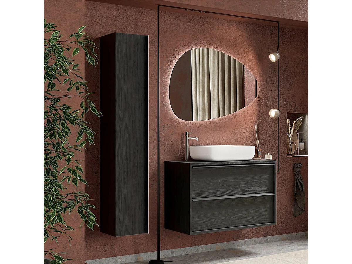 Colonne murale suspendue 1 porte aspect bois finition noir - TERAS