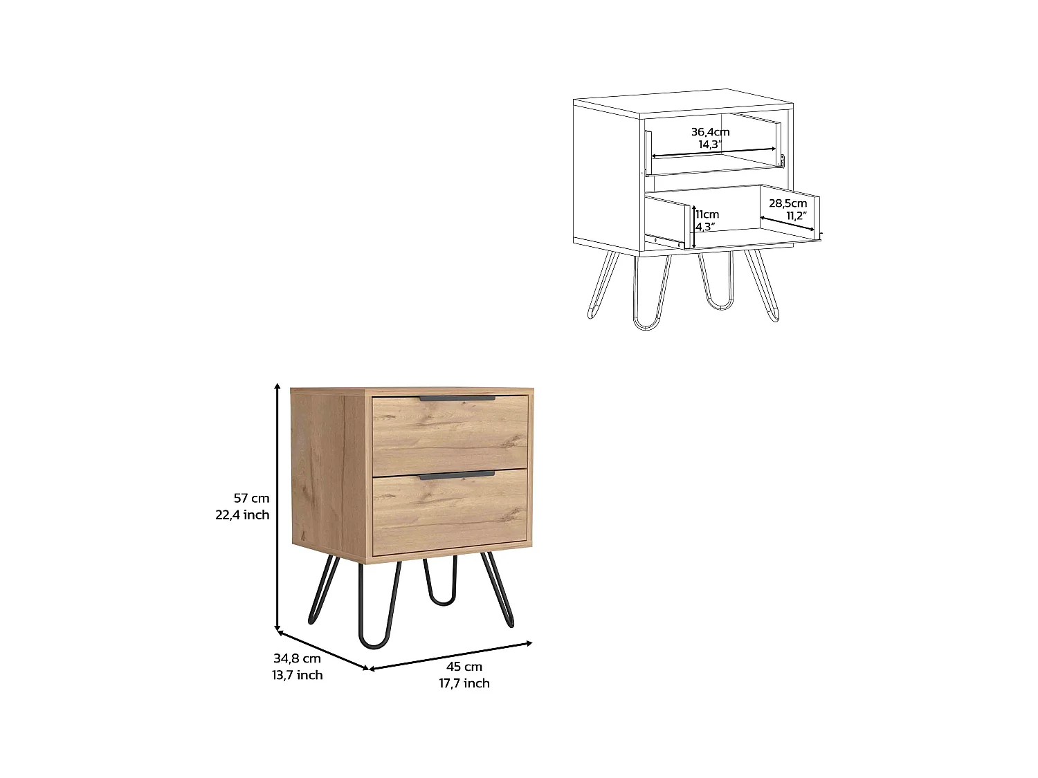 Table de chevet Augusta en mélamine avec 2 tiroirs avec rails métalliques , beige , 57 cm X 45 cm X 34.8 cm