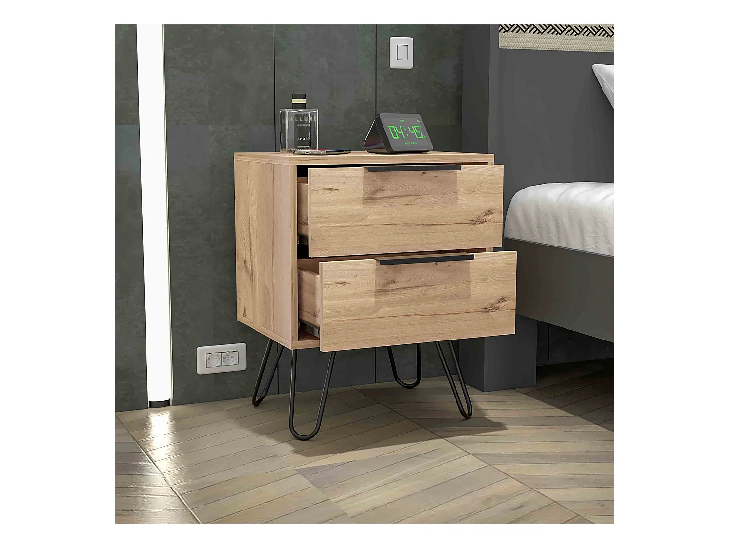 Table de chevet Augusta en mélamine avec 2 tiroirs avec rails métalliques , beige , 57 cm X 45 cm X 34.8 cm