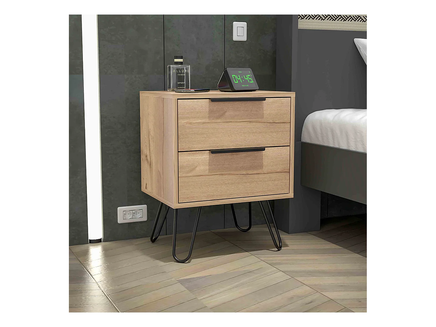 Mesita de noche Augusta en melamina con 2 cajones de rieles metalicos , beige , 57 cm  X 45 cm  X 34.8 cm