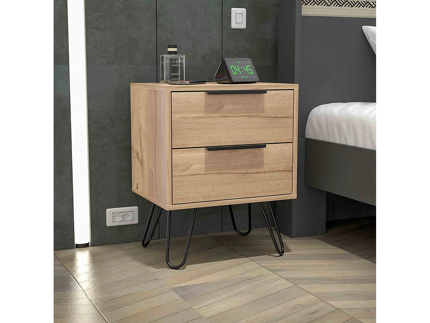 Mesa de cabeceira Augusta em melamina com 2 gavetas com calhas metálicas, bege, 57 cm X 45 cm X 34.8 cm