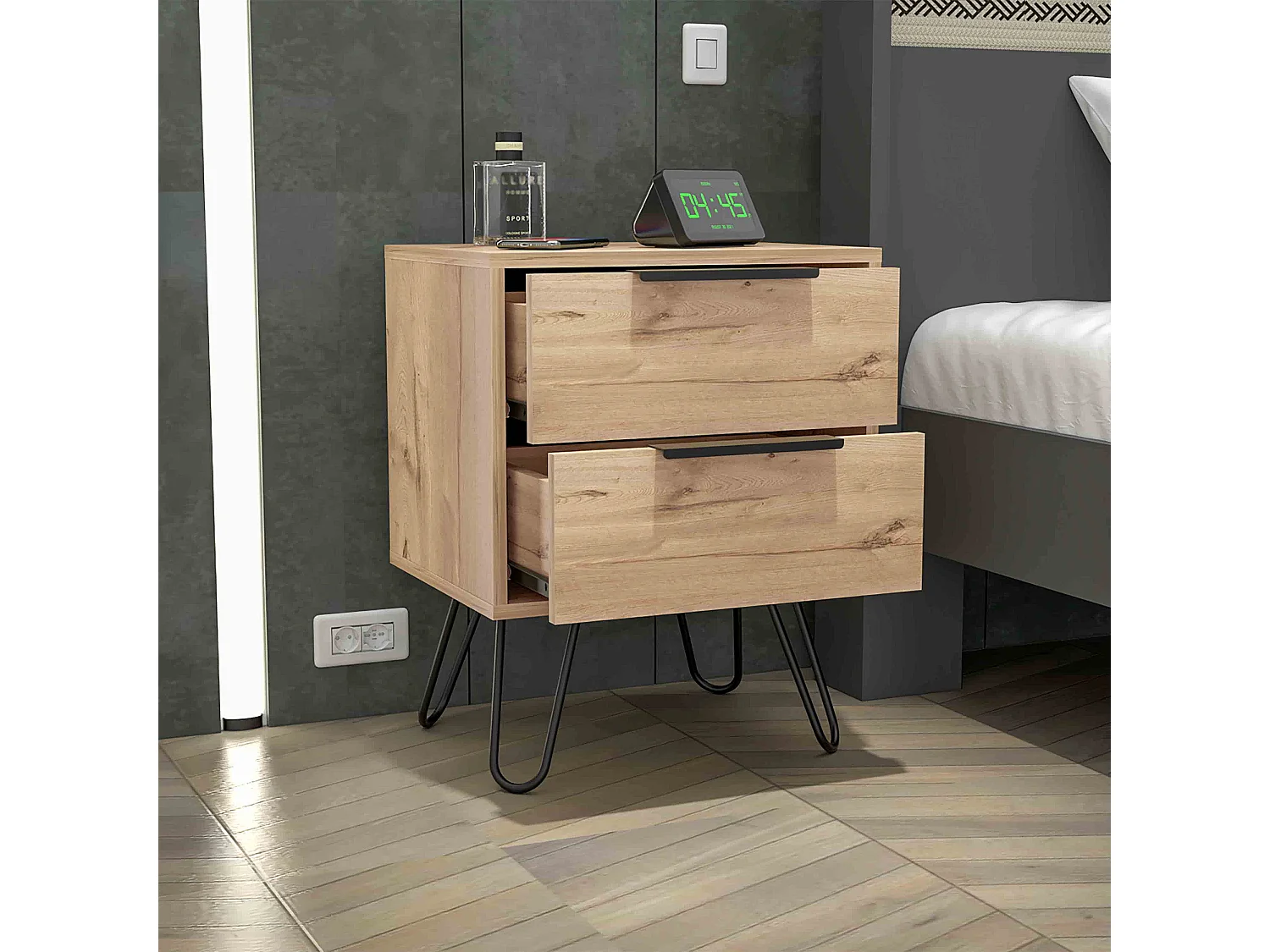 Mesa de cabeceira Augusta em melamina com 2 gavetas com calhas metálicas, bege, 57 cm X 45 cm X 34.8 cm