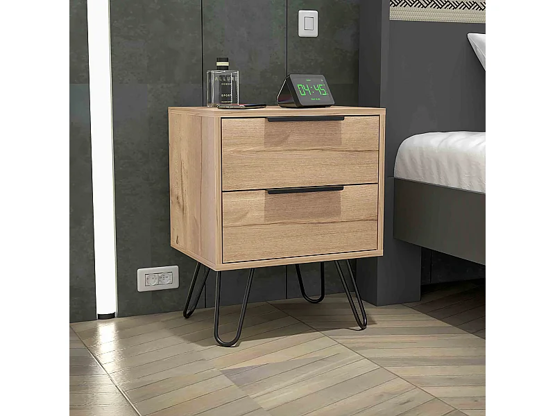 Mesa de cabeceira Augusta em melamina com 2 gavetas com calhas metálicas, bege, 57 cm X 45 cm X 34.8 cm