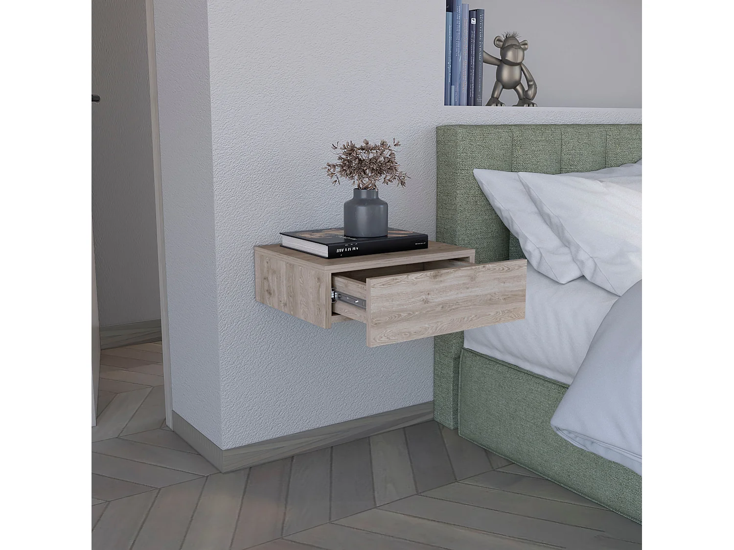 Chevet flottant Milano en mélamine avec un tiroir à rails métalliques, beige, 13 cm X 40 cm X 34.1 cm