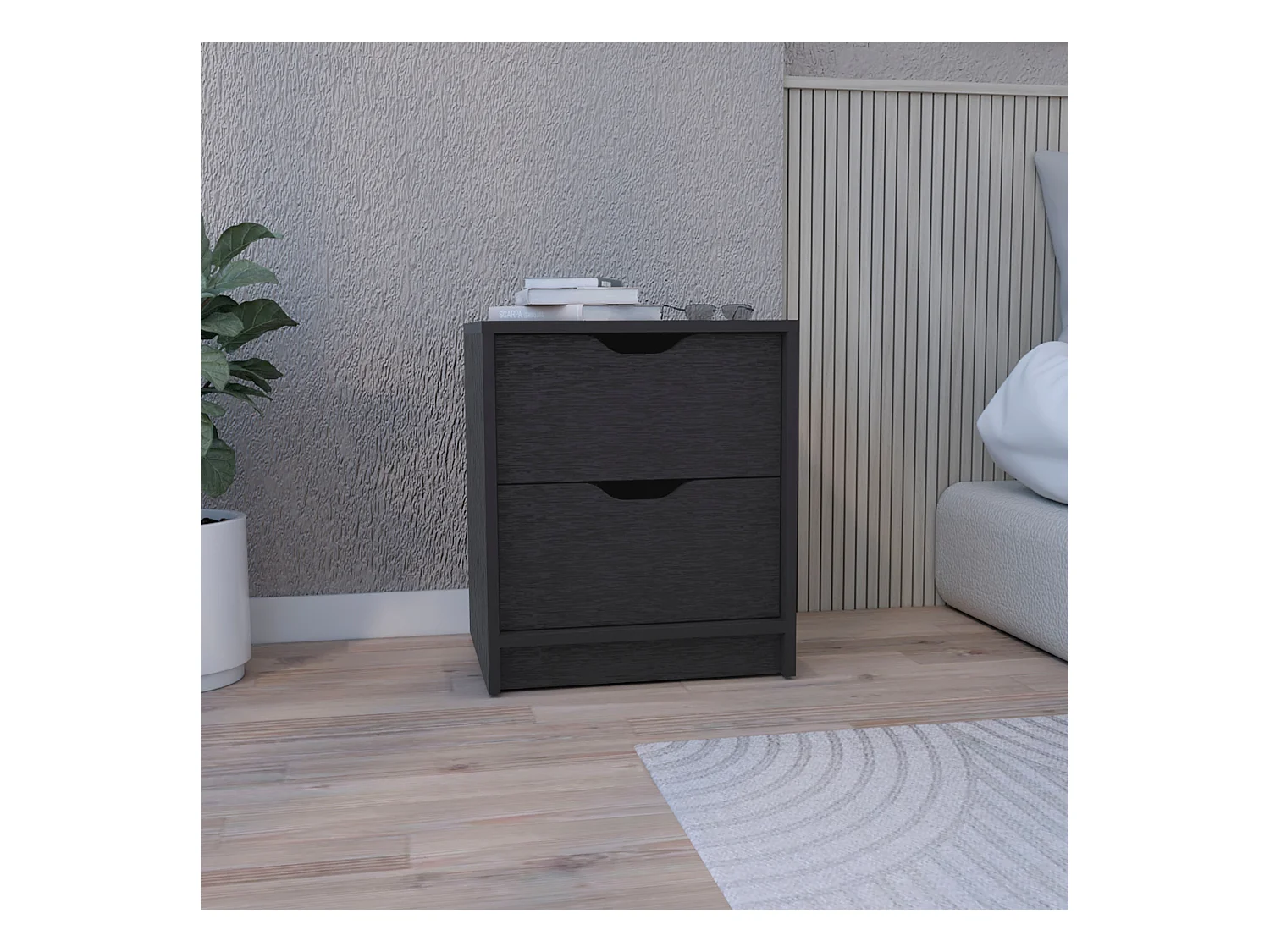 Table de chevet Basilea en mélamine avec 2 tiroirs avec rails métalliques , noir , 48 cm X 41 cm X 36.3 cm