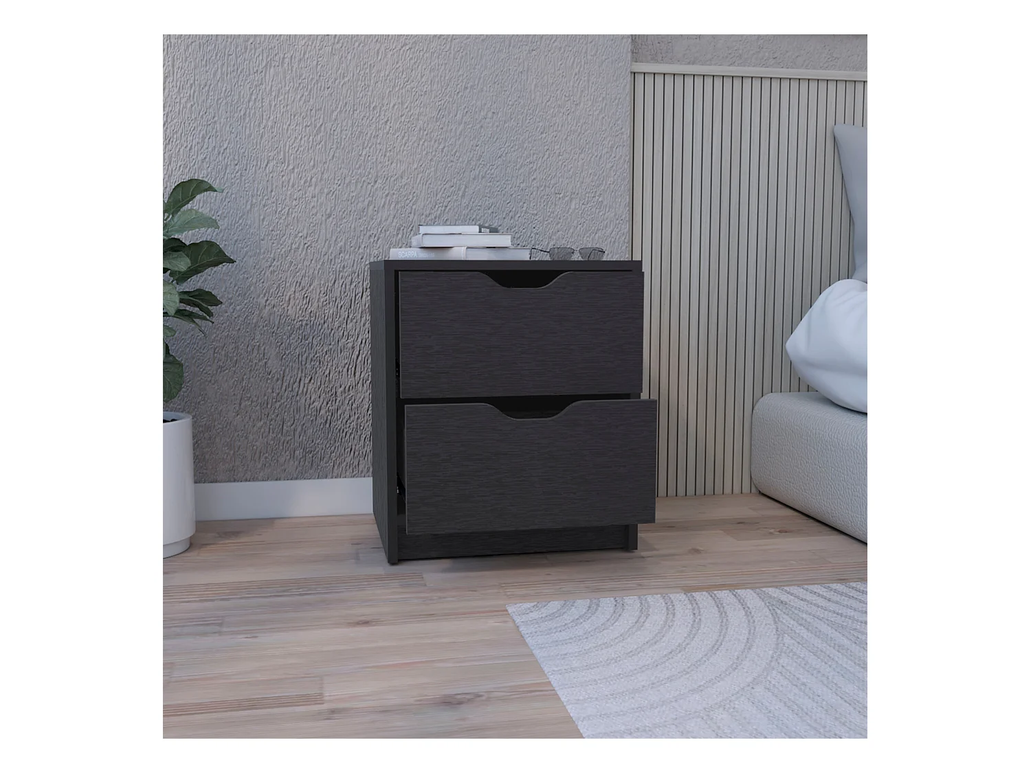 Table de chevet Basilea en mélamine avec 2 tiroirs avec rails métalliques , noir , 48 cm X 41 cm X 36.3 cm