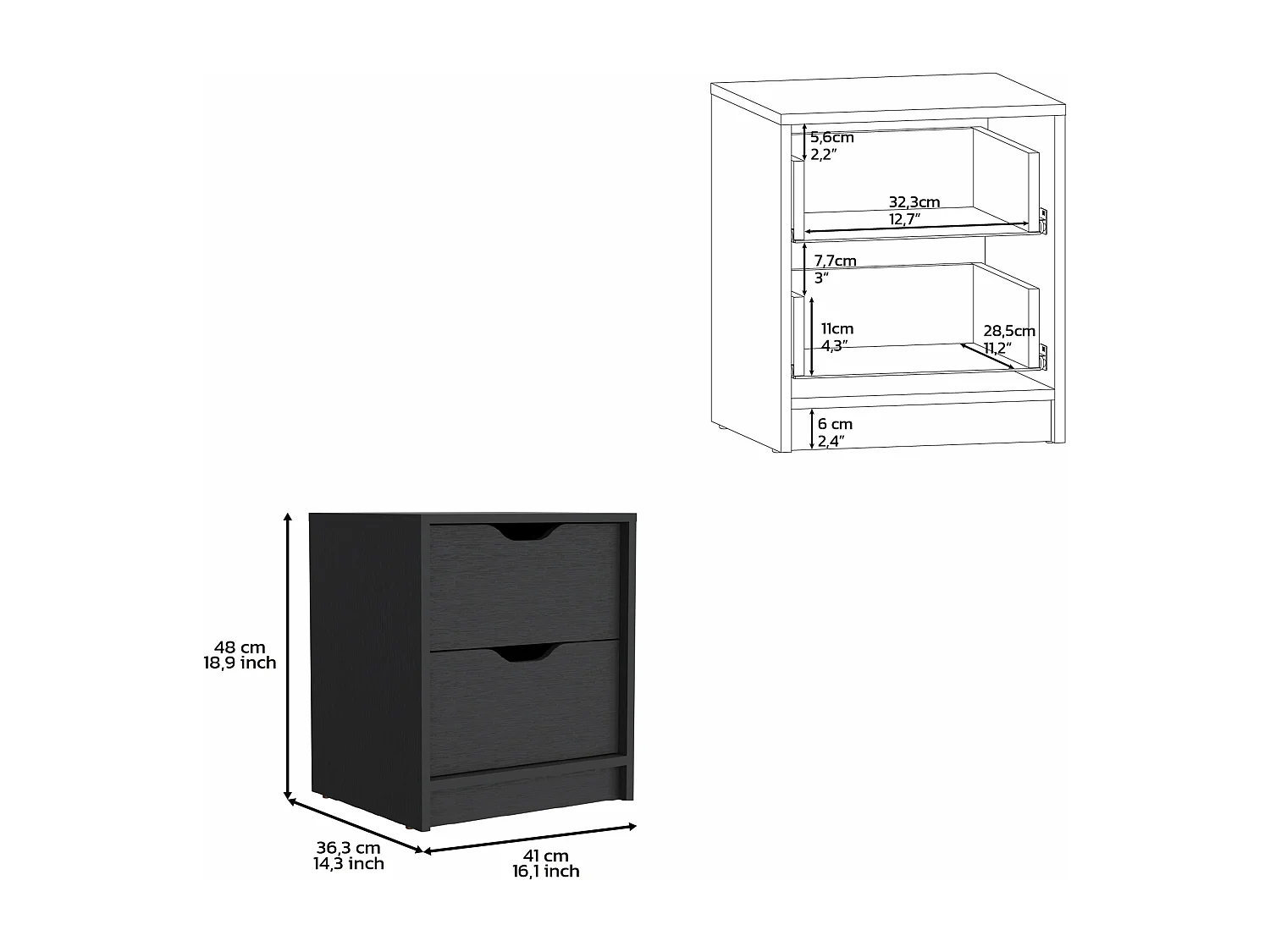 Mesa de cabeceira Basilea em melamina com 2 gavetas com calhas metálicas, preta, 48 cm X 41 cm X 36.3 cm