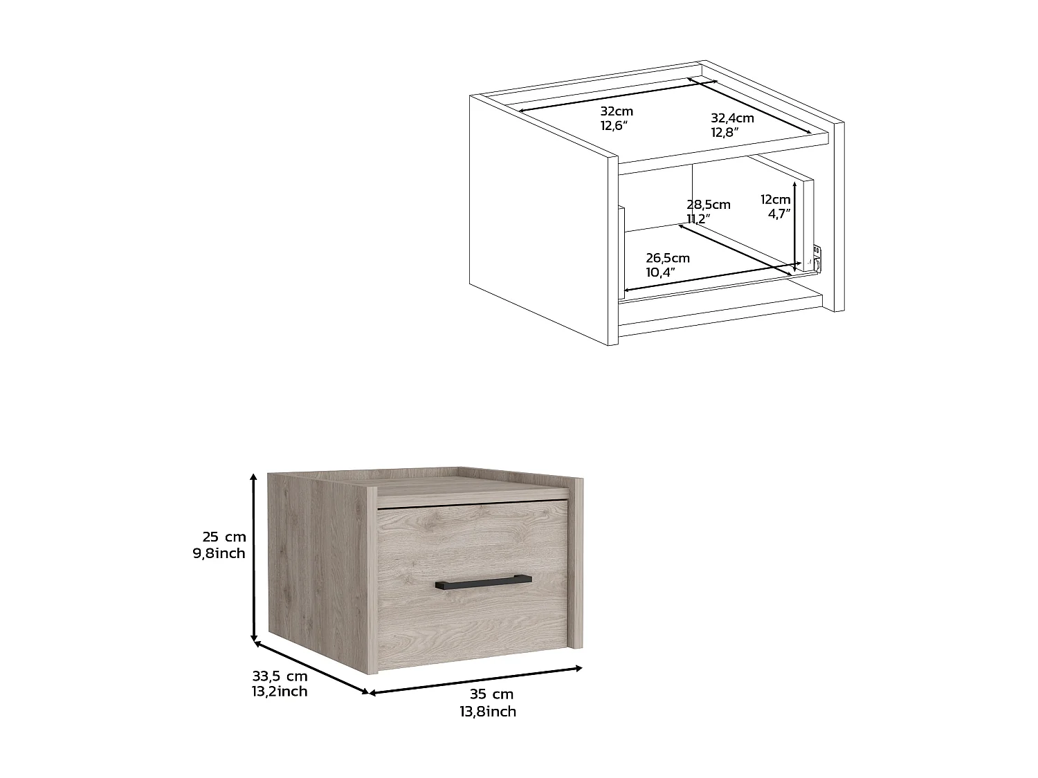 Comodino galleggiante Boa con un cassetto con guide metalliche , grigio , 25 cm X 35 cm X 33.5 cm