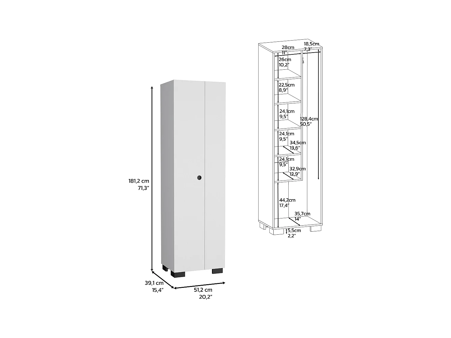 Colonne de salle de bain Lago en mélamine avec 2 portes et 6 étagères, blanc , 181.2 cm X 51.2 cm X 39.1 cm