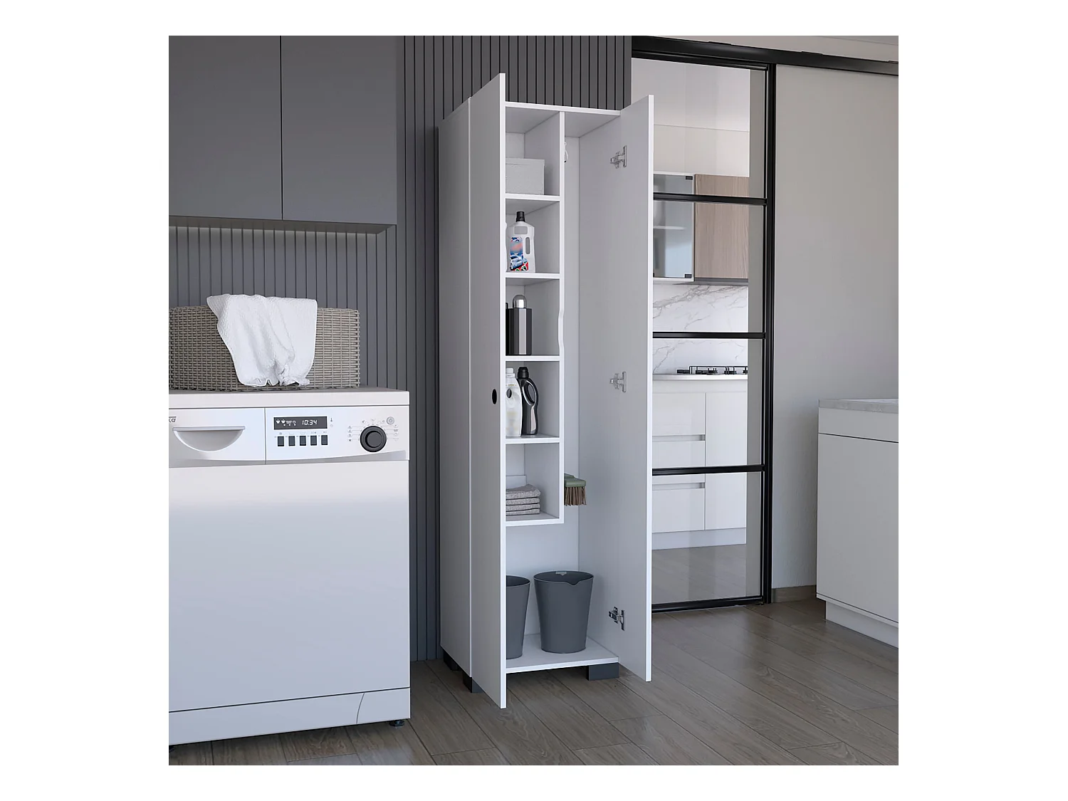 Colonne de salle de bain Lago en mélamine avec 2 portes et 6 étagères, blanc , 181.2 cm X 51.2 cm X 39.1 cm