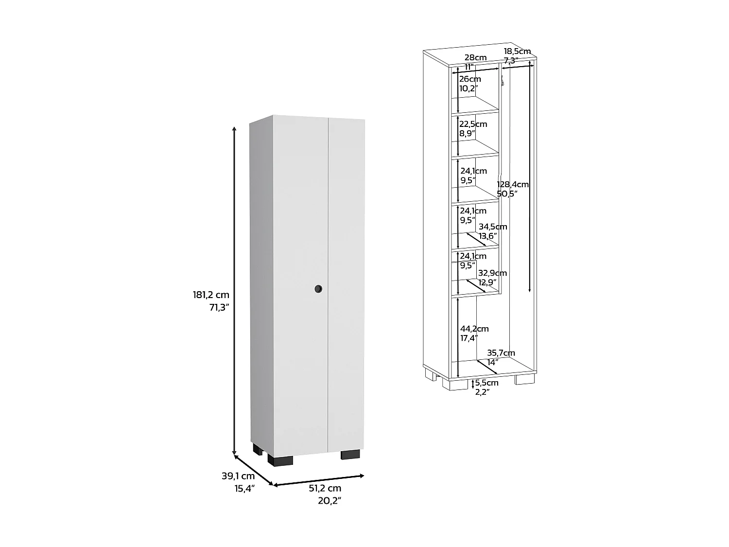 Colonna bagno Lago in melaminico con 2 ante e 6 ripiani, bianco, 181.2 cm X 51.2 cm X 39.1 cm
