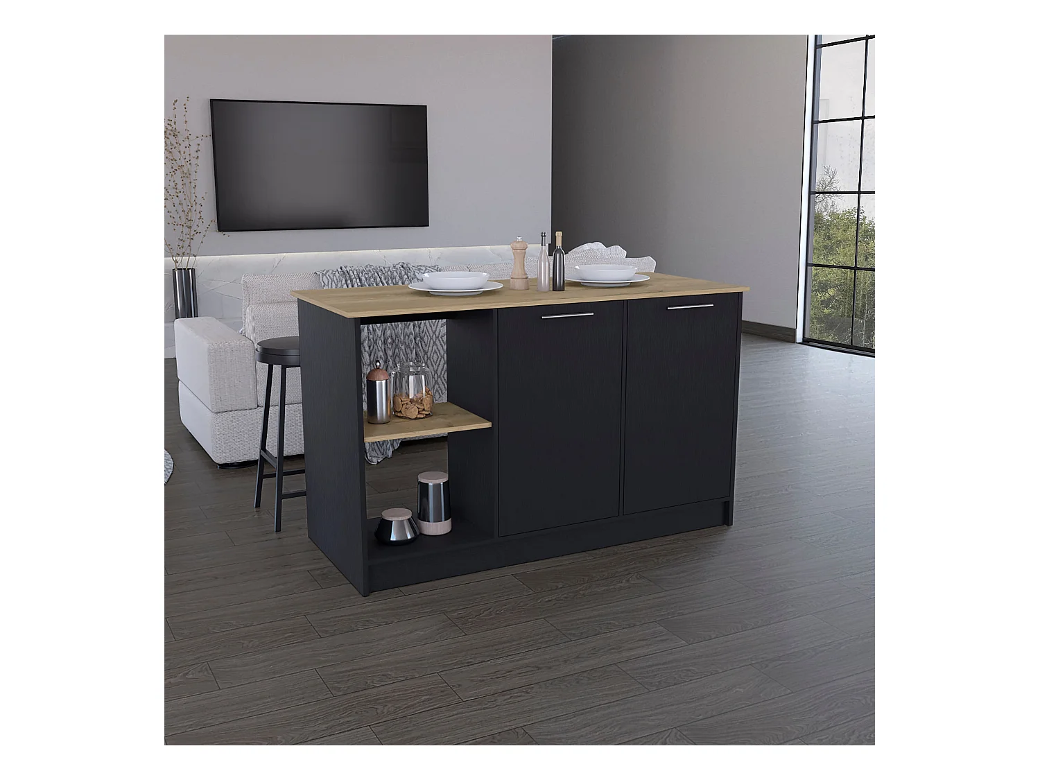 Isola da cucina Enebro in melamina con 2 ante e 6 ripiani, multicolore, 90 cm X 150 cm X 64 cm