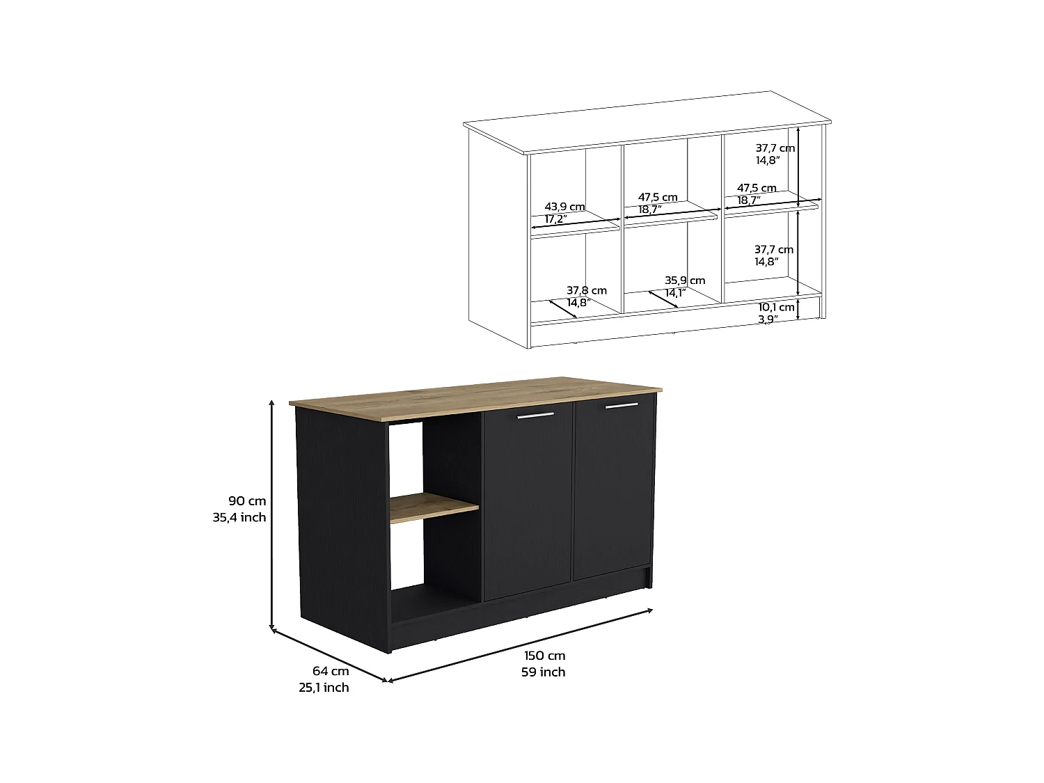 Isola da cucina Enebro in melamina con 2 ante e 6 ripiani, multicolore, 90 cm X 150 cm X 64 cm