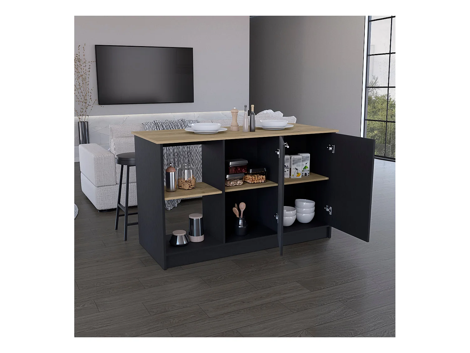 Isola da cucina Enebro in melamina con 2 ante e 6 ripiani, multicolore, 90 cm X 150 cm X 64 cm