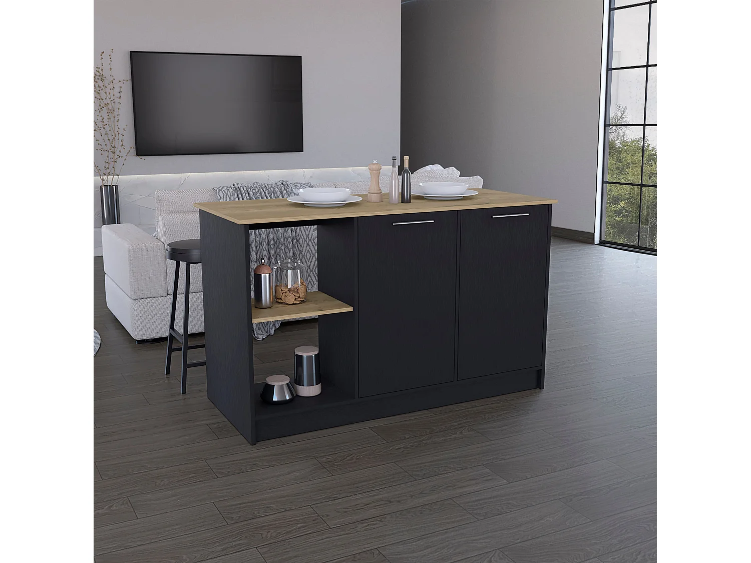 Isla de cocina Enebro en melamina con 2 puertas y 6 estantes , multicolor , 90 cm  X 150 cm  X 64 cm