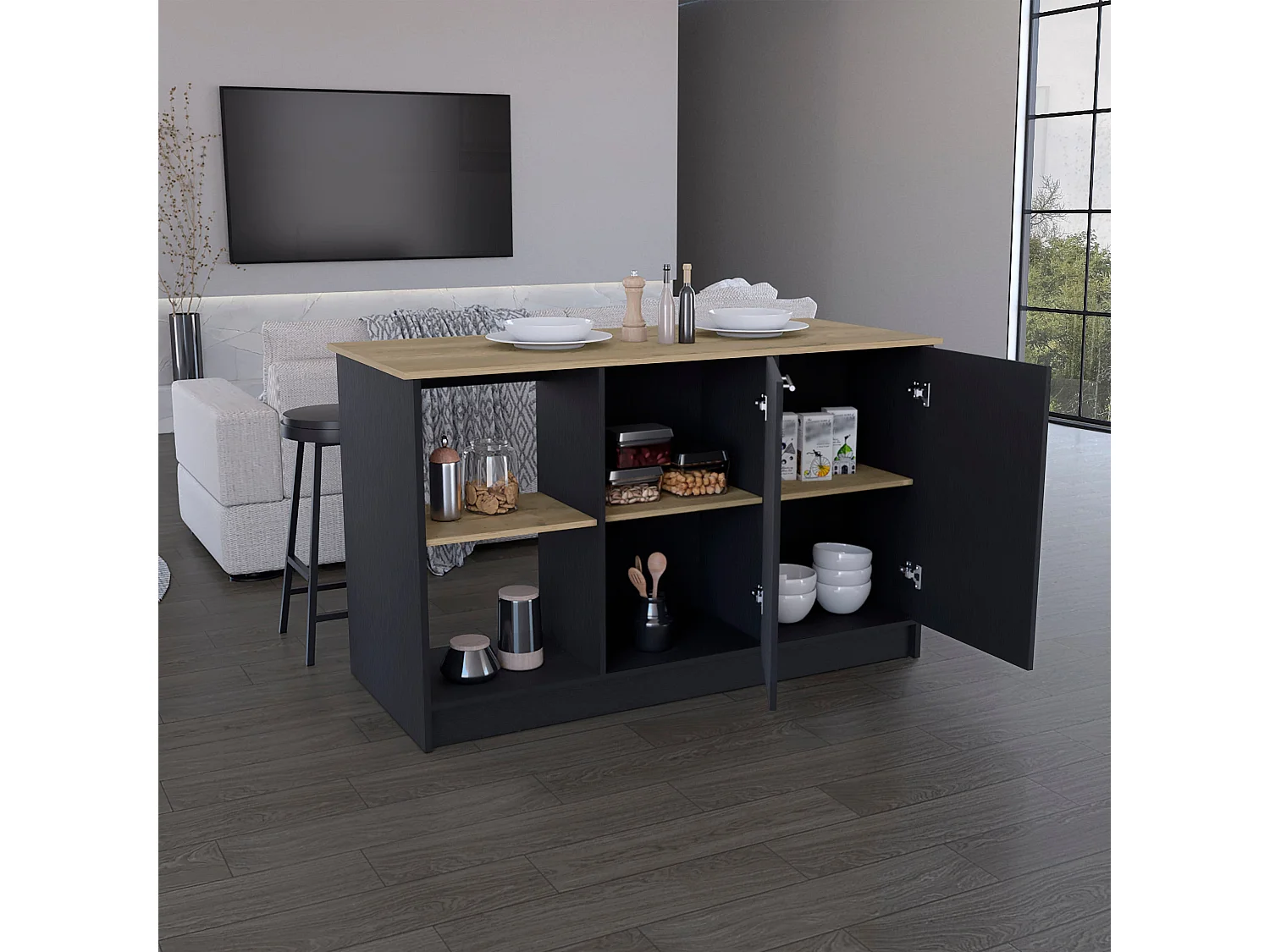 Isla de cocina Enebro en melamina con 2 puertas y 6 estantes , multicolor , 90 cm  X 150 cm  X 64 cm